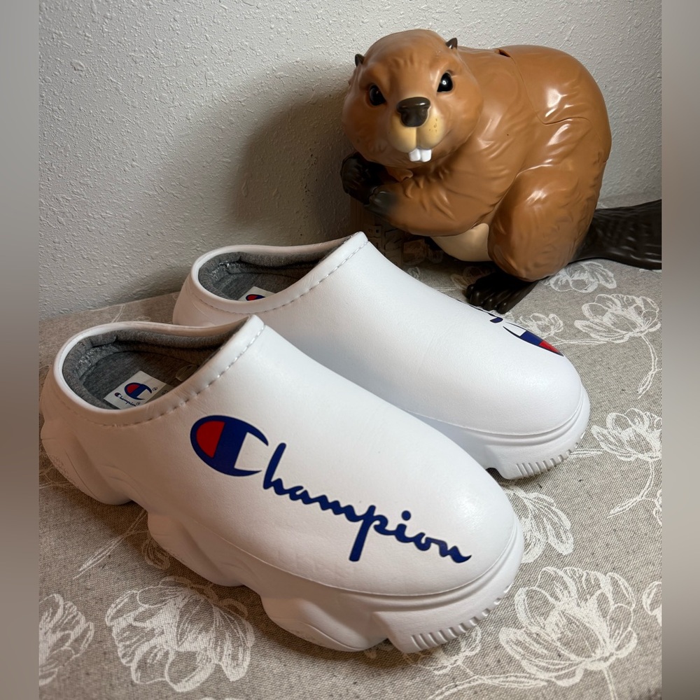 Champion White Slip-On Sneakers with Blue Logo